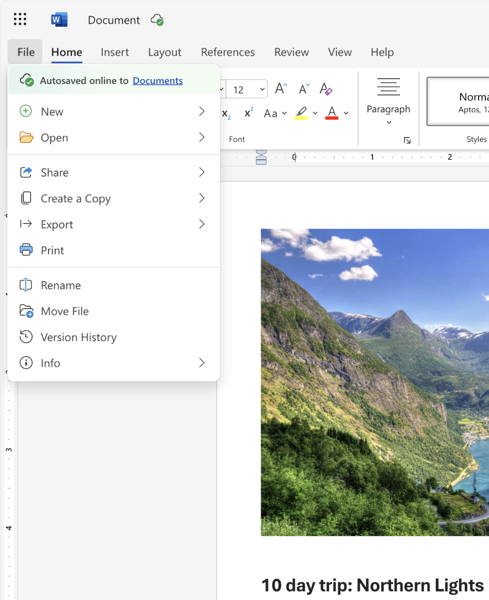 New and improved File menu in Word for the web