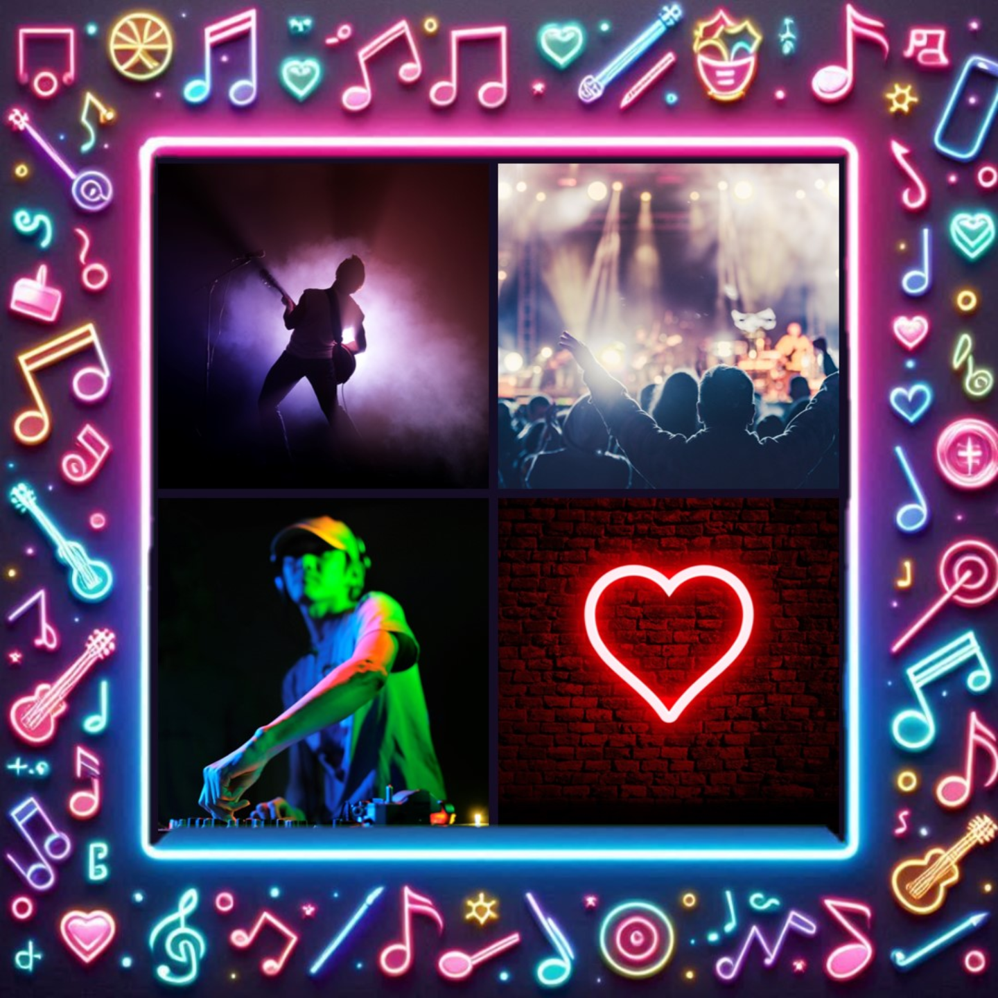 Neon frame and collage showcasing concert photos