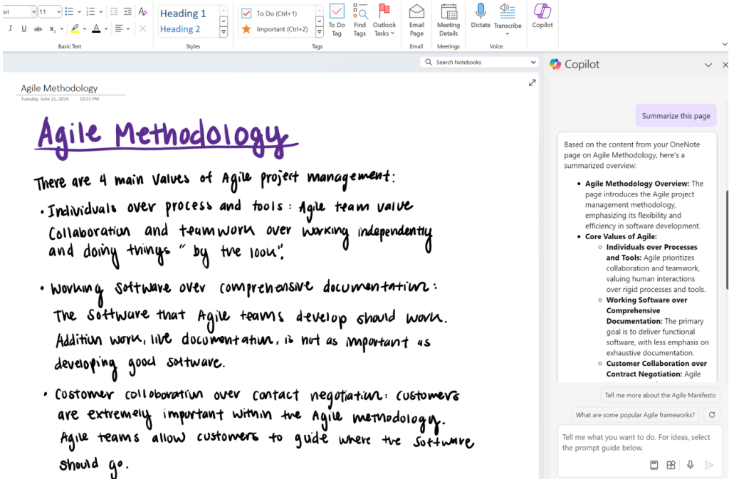 Screenshot showing Copilot summary of ink note in OneNote.