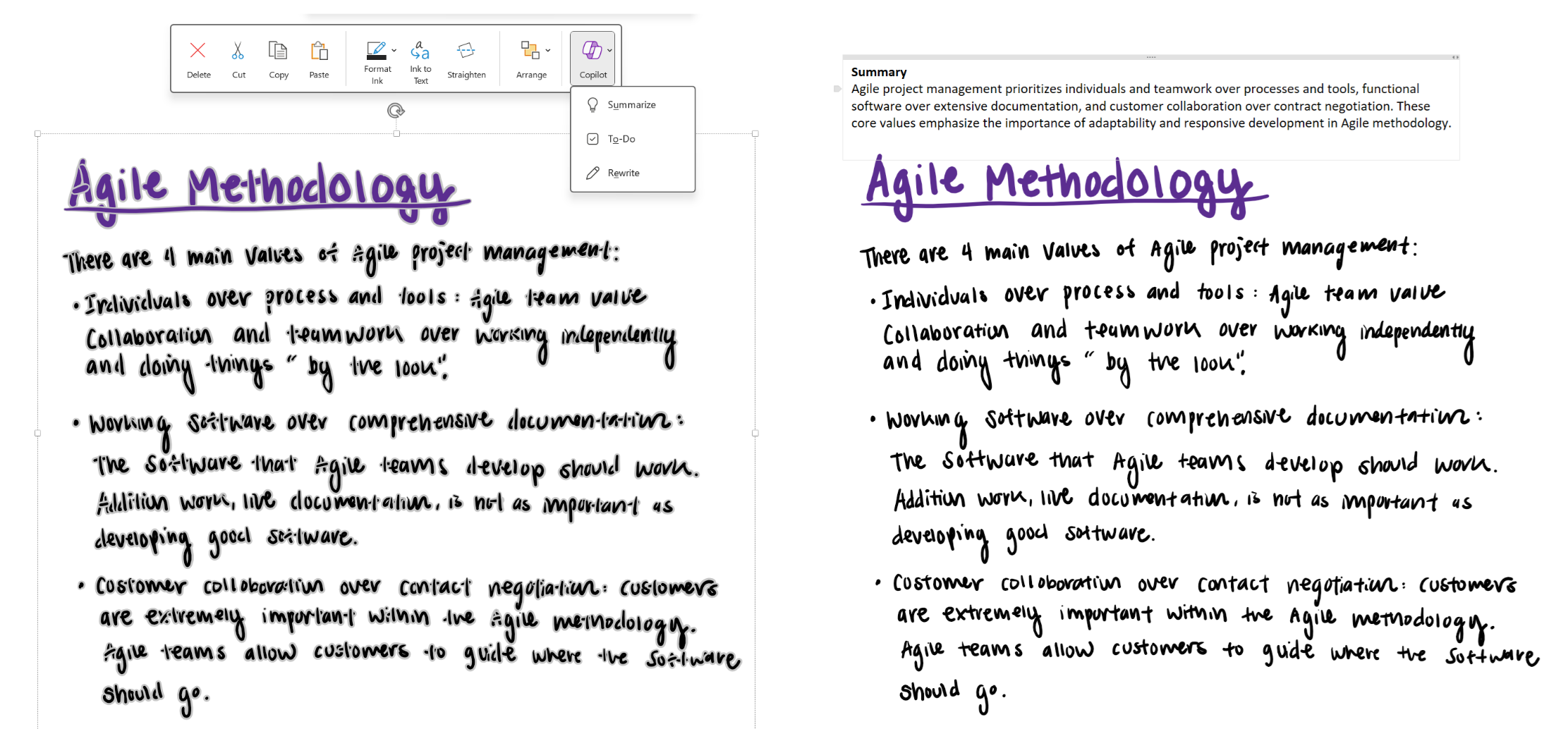 Screenshot showing how to access Copilot from the ink canvas in OneNote and the output