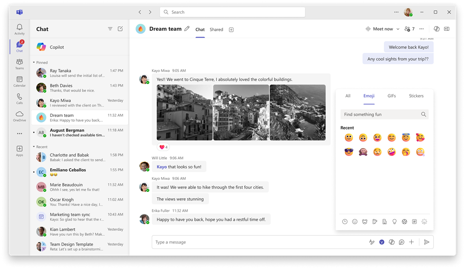 Screenshot of a chat in Microsoft Teams showing dialog box featuring Emoji options.