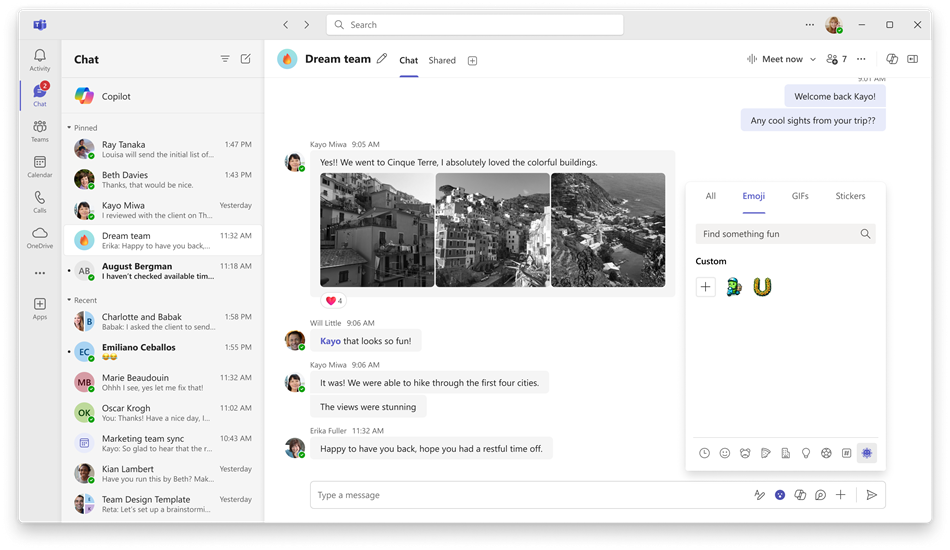 Screenshot of a chat in Microsoft Teams showing dialog box featuring custom Emoji options.