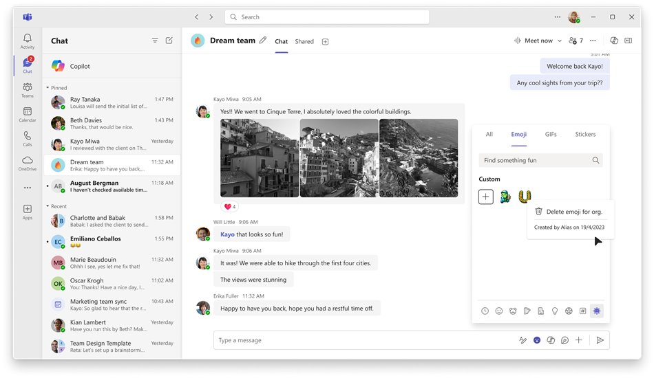 Screenshot of a chat in Microsoft Teams showing how to delete a custom emoji.