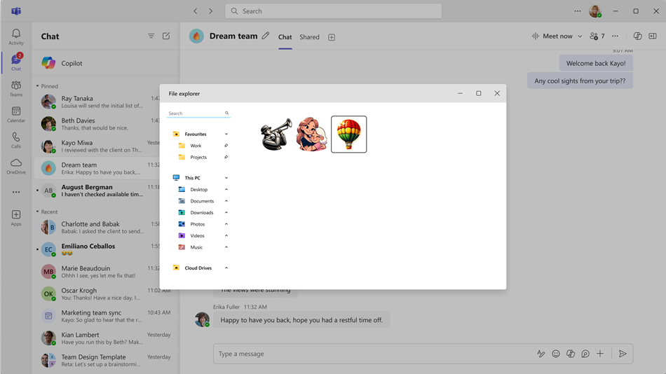 Screenshot of a chat in Microsoft Teams showing a File Explorer window where you can select a custom emoji to add to Teams.