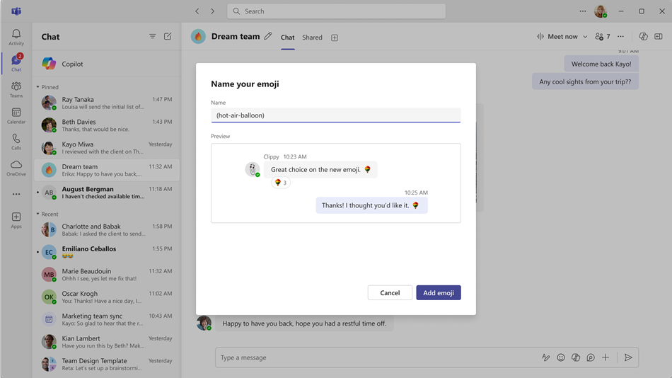 Screenshot of a chat in Microsoft Teams showing dialog box where you can name your custom emoji.