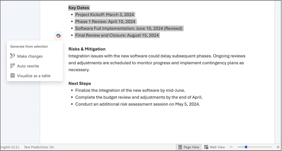 Screenshot from Word showing how to use Draft with Copilot to make changes to a block of text.