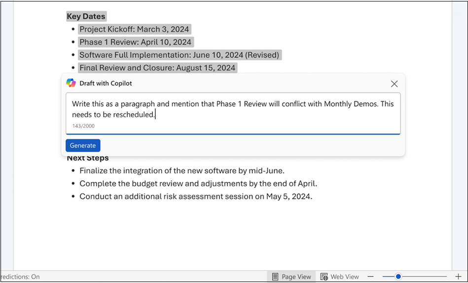 Screenshot from Word showing how to use Draft with Copilot to write a prompt to change a list into a text paragraph.