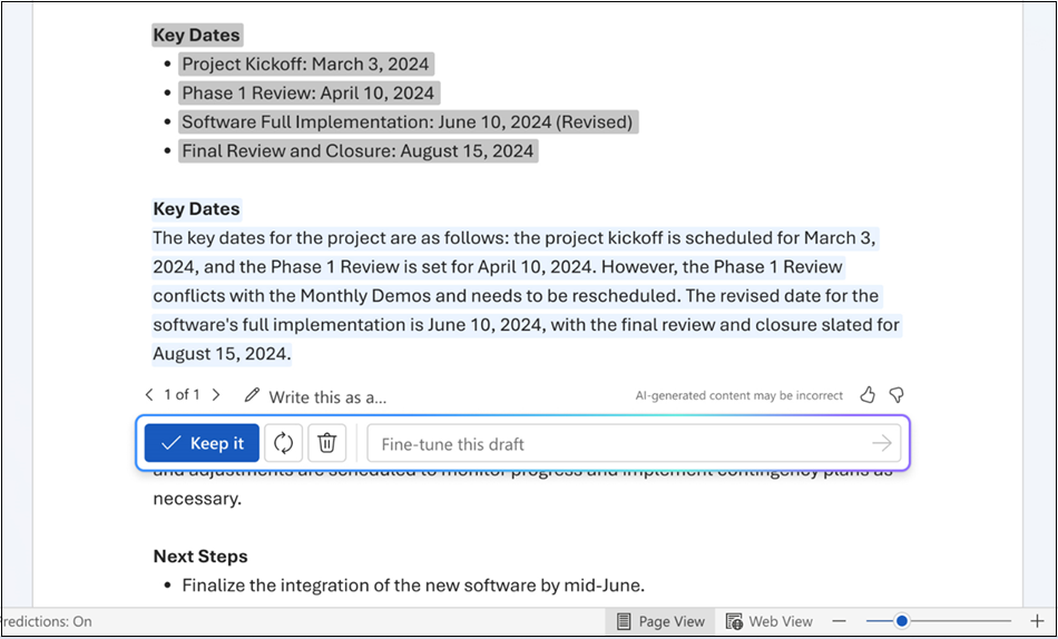 Screenshot from Word showing how to use Draft with Copilot to either keep the revised text it provided or delete it.