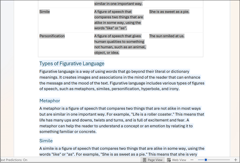 Screenshot from Word showing the results when you use Draft with Copilot to change table text into body copy.