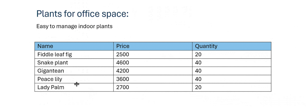 GIF showing new way to insert a new row or column in a table in Word for the web.