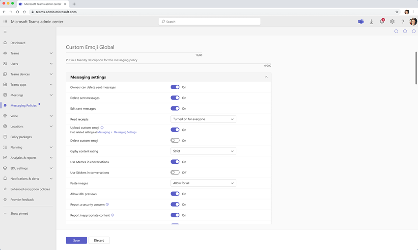 Messaging Settings screen for Microsoft Teams that shows Custom Emojis toggle.