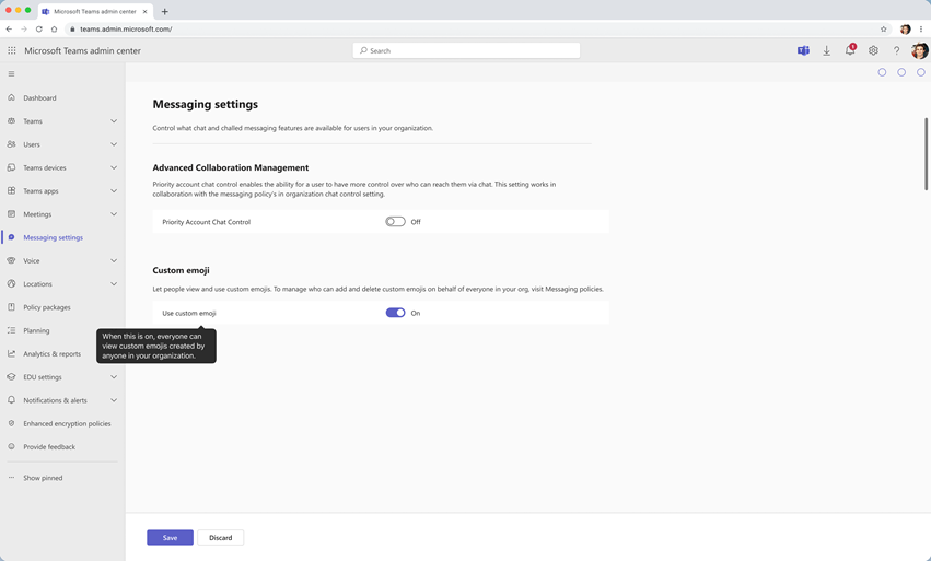 Messaging Settings screen from Microsoft Teams showing how to turn on Custom Emojis.