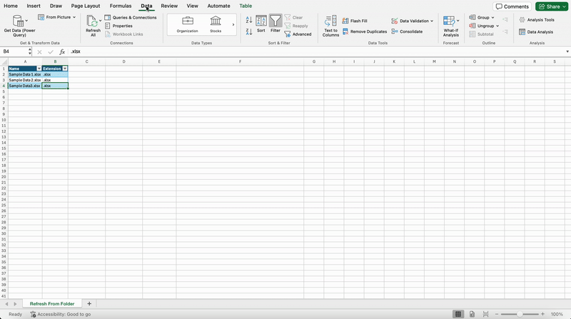 GIF showing how to refresh all report data in Excel for Mac.