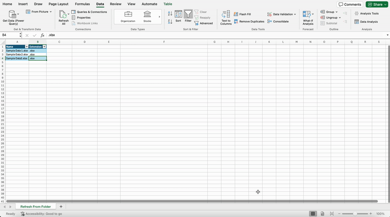 GIF showing how to change the folder source using the From Folder connector with Power Query in Excel for Mac.