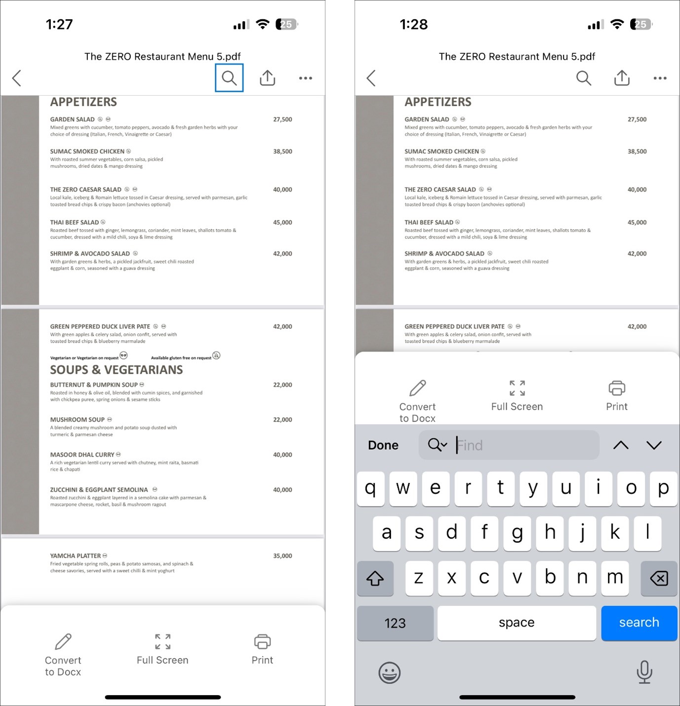 Two screenshots side-by-side showing how to search for text in a PDF