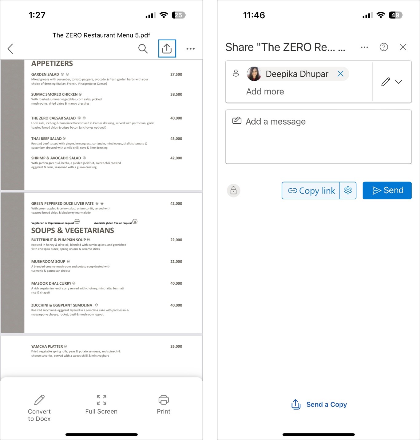 Two screenshots side-by-side showing how to share a PDF