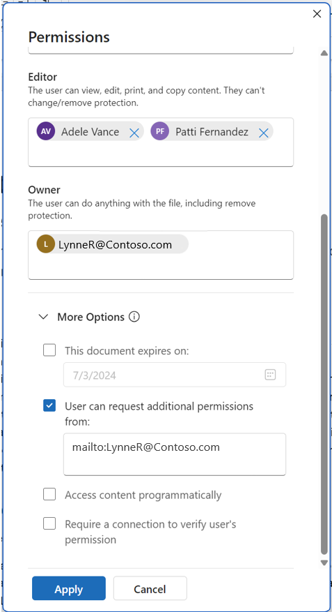 User-defined permissions dialog box in Microsoft Word showing More Options settings.