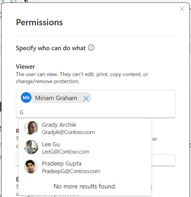User-defined permissions dialog box in Microsoft Word showing auto-fill options for giving people permissions.