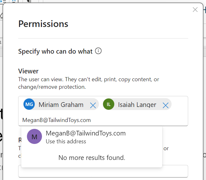 User-defined permissions dialog box in Microsoft Word showing how to add an individual by email address..