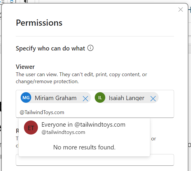 User-defined permissions dialog box in Microsoft Word showing how to give an entire domain permissions.