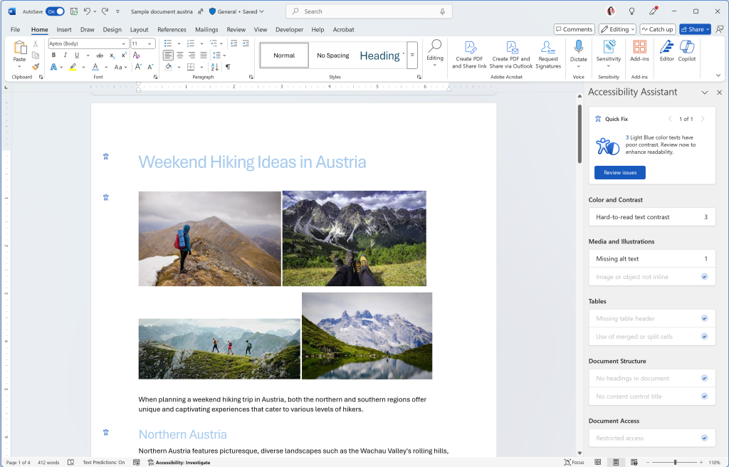 Screenshot of Word showing Accessibility Assistant pane, featuring Color and Contrast Quick Fix card.