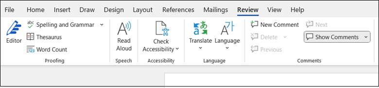 Screenshot of ribbon in Word showing Review tab and Check Accessibility button.