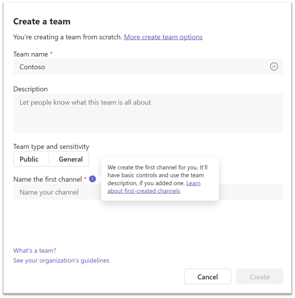 Screenshot showing how you can rename the first-created channel in a new team in Microsoft Teams.