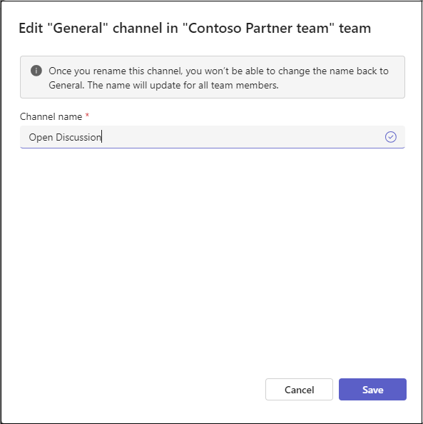 Screenshot showing how to nename the General channel in Microsoft Teams