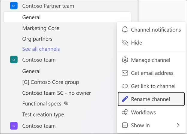 Screenshot showing the Context menu option in Teams for renaming the General channel.